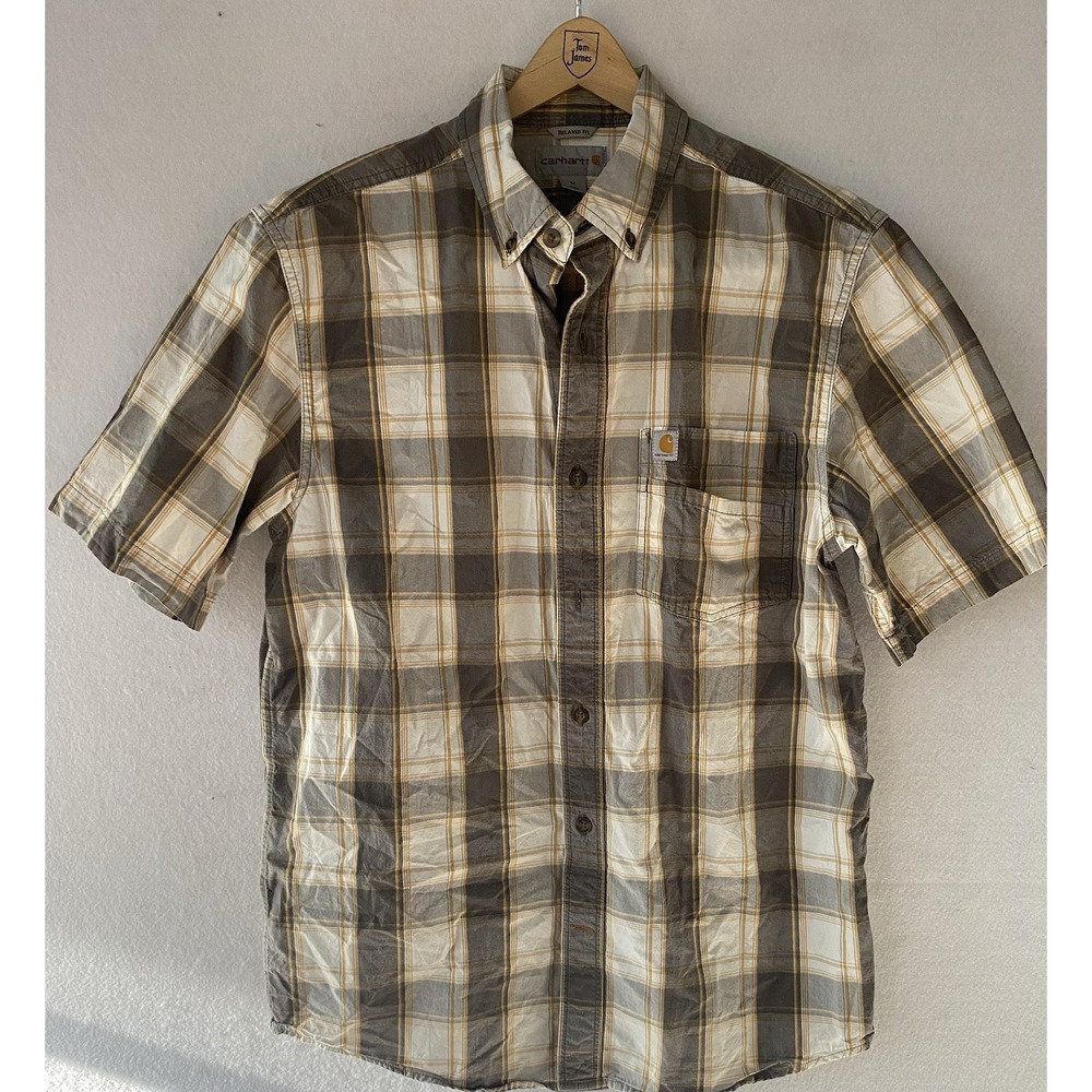Carharrt Yellow Plaid Button Up Short Sleeve Relaxed Fit Mens Medium Summer